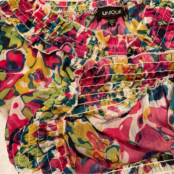 Women’s Unique Spectrum Multi Color Top With Ruffle Trim Size Medium - Picture 4 of 12